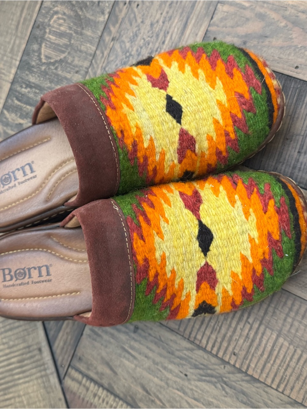 Born Suede-Trim Slip-On Clog in Brown and Burgundy Aztec